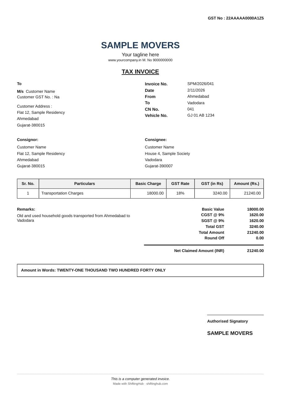 Sample packers and movers tax invoice with GSTIN, invoice number, consignor and consignee, vehicle number, CGST and SGST split and amount in words