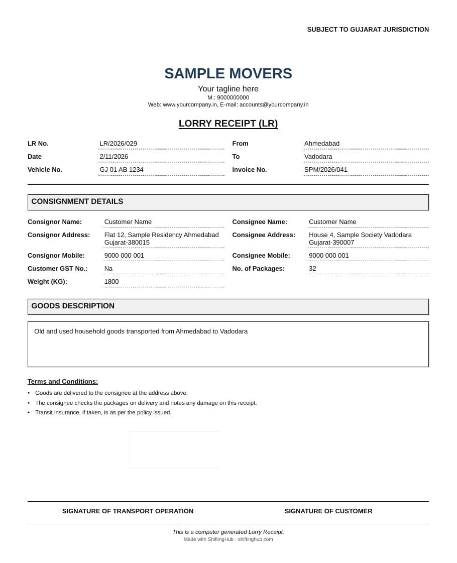 Sample lorry receipt (LR) for packers and movers with LR number, vehicle number, consignor and consignee details, number of packages, weight and goods description