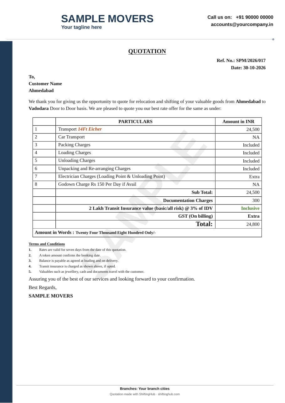 Sample packers and movers quotation listing transport by vehicle size, packing, loading, unloading and unpacking charges, insurance, GST note, total and terms