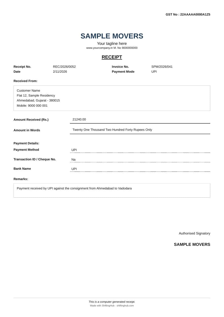 Sample packers and movers payment receipt with receipt number, invoice number, payer, amount received in figures and words, and payment method