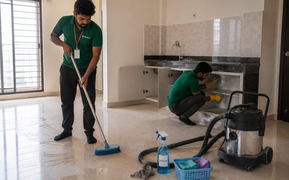 Two ShiftingHub cleaners scrubbing the floor and wiping out kitchen cabinets in an empty flat
