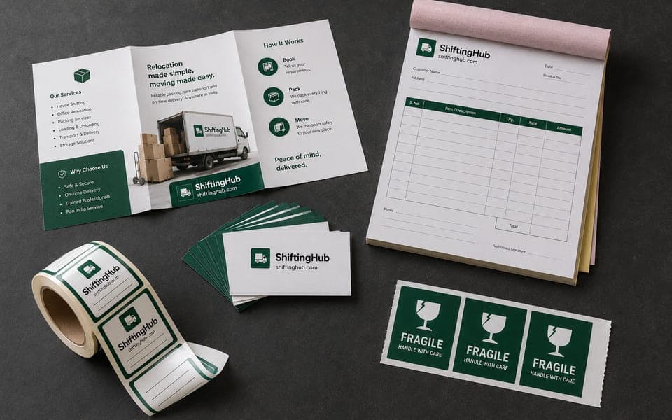 A printed stationery set laid out flat: visiting cards, a pamphlet, a bill book, a roll of carton labels and fragile stickers
