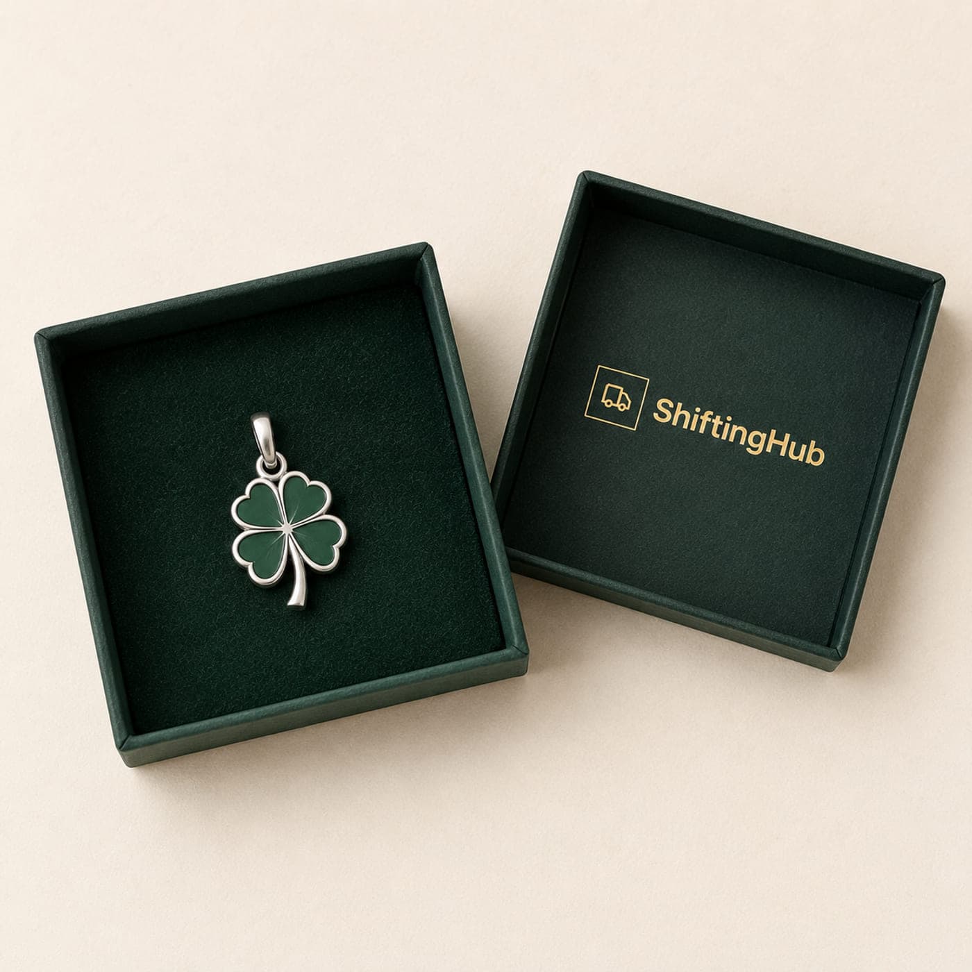 ShiftingHub Lucky Charm four-leaf clover pendant in its open two-part gift box