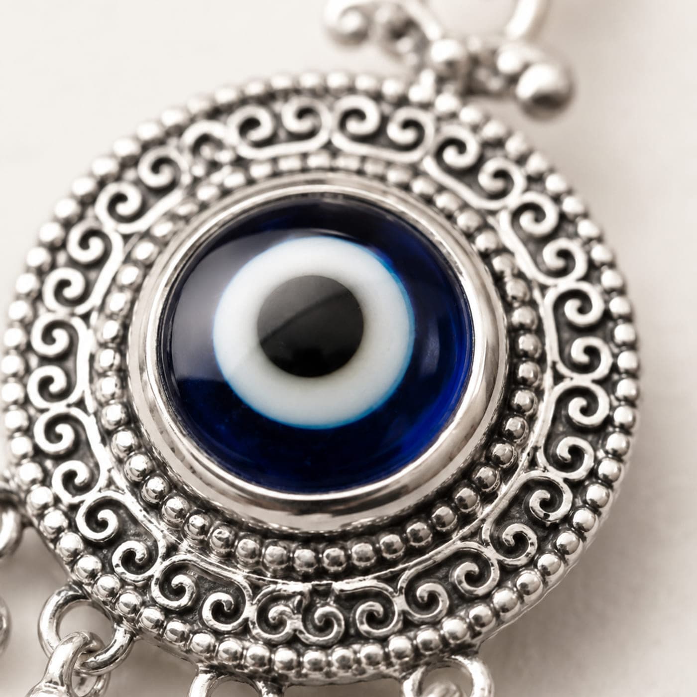 Close-up of the blue glass eye and the filigree ring around it