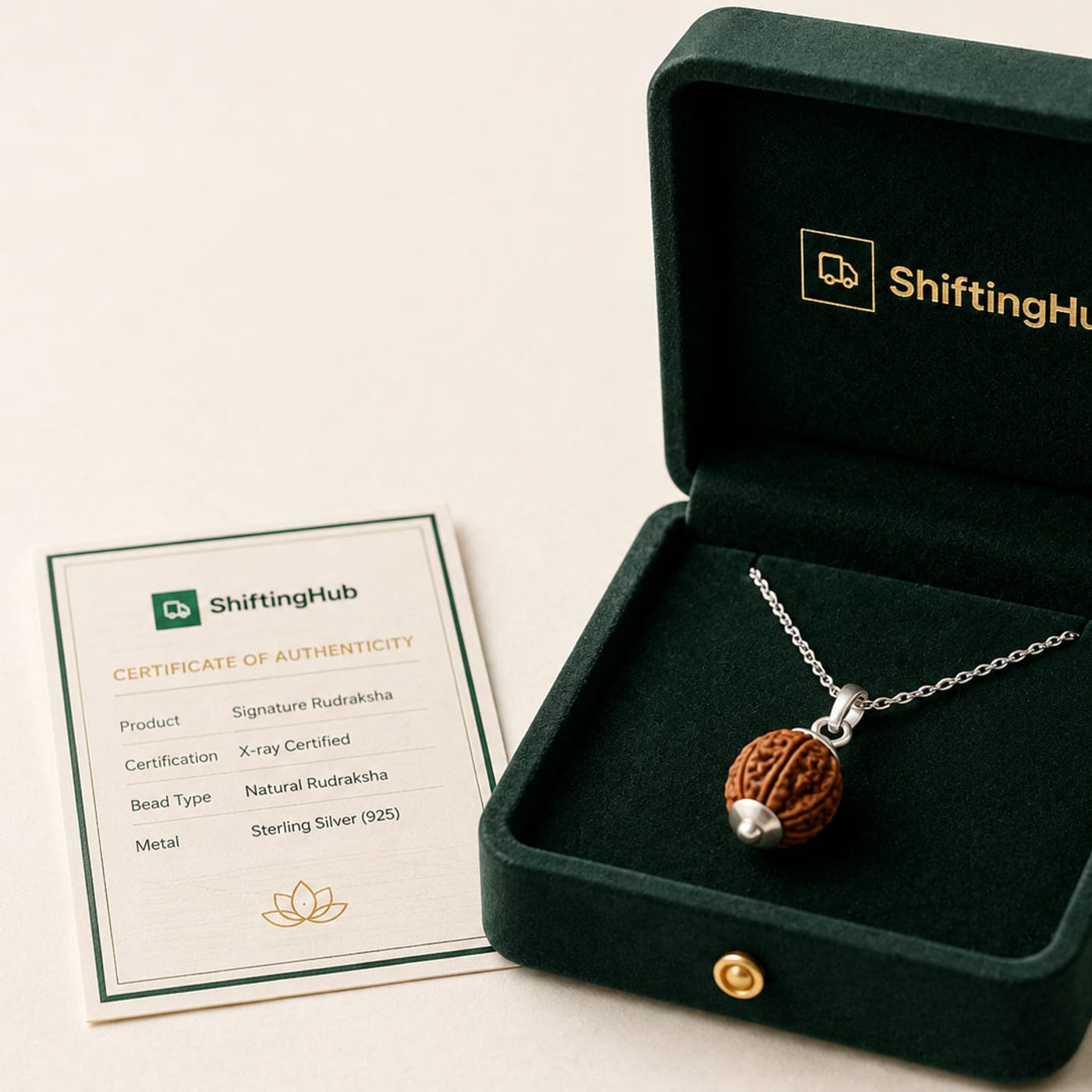 ShiftingHub Signature Rudraksha in its open gift box