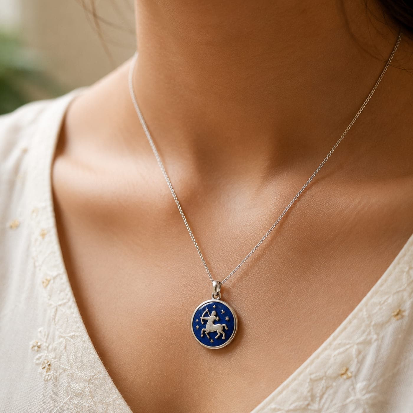 The Sagittarius Zodiac pendant worn on a fine chain
