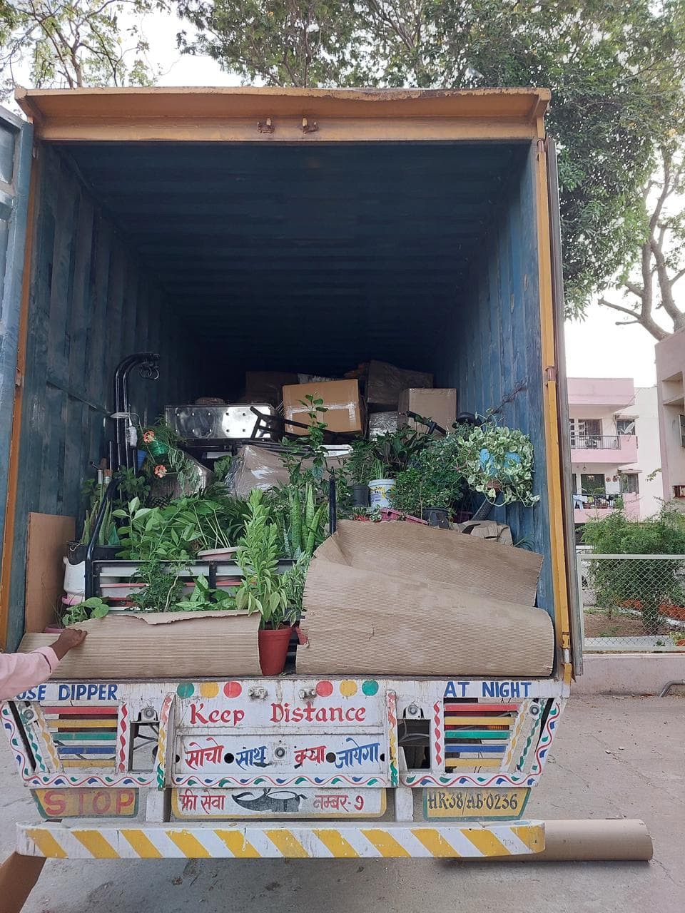 Open truck loaded with household goods and potted plants